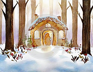 Watercolor of  of the tale Hansel and in front of a gingerbread Rear