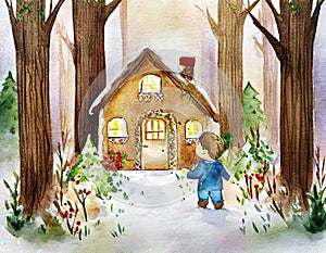 Watercolor of  of the tale Hansel and in front of a gingerbread Rear