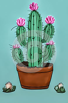 Watercolor with tall flowering cactus with pink flowers in a ceramic garden pot