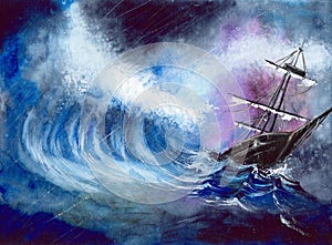 Watercolor tall ship in the storm