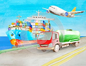 Watercolor tank truck cistern standing on the shore on the road near the blue cargo container ship on water ready to carry freight