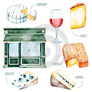 Watercolor tasty collection with different french cheese