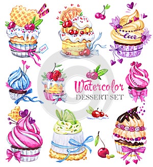 Watercolor tasty dessert set. Original hand drawn illustration. Colorful tasty picture. Lovely sweet collection for you