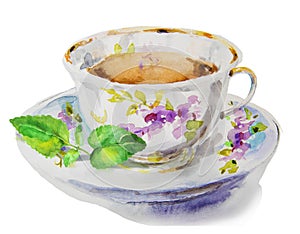 Watercolor tea cup with mint