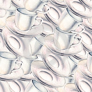 Watercolor tea saucer, white tea cup, tea seamless pattern