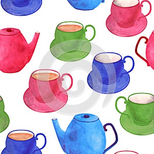 Watercolor tea seamless pattern. Hand drawn colorful bright pink, blue, green teapot, cup with saucer isolated on white