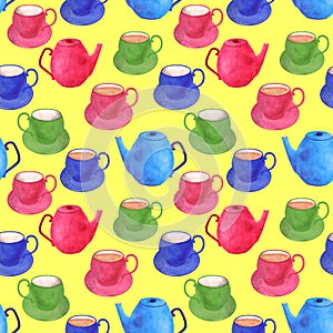 Watercolor tea seamless pattern. Hand drawn colorful bright pink, blue, green teapot, cup with saucer isolated on yellow