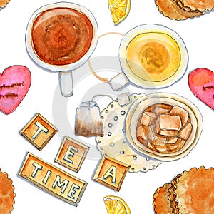 Watercolor tea seamless pattern with tea and sweets
