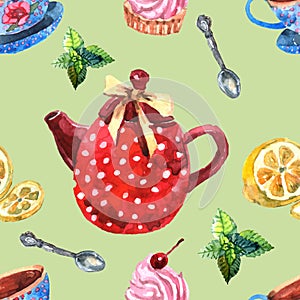 Watercolor Tea Seamless Pattern