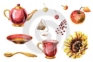 Watercolor tea set and autumn harvest. The set isolated on a white background