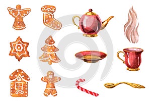 Watercolor tea set, gingerbread and red candy. The set isolated on a white background