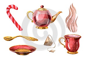 Watercolor tea set with teapot, teacup, saucer, teaspoon, tea bag and red candy. The set isolated on a white background