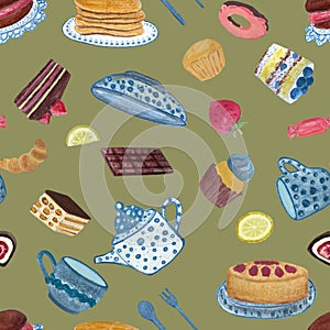 Watercolor tea time desserts seamless multidirectional pattern on olive background