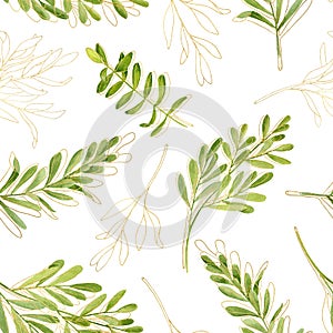 Watercolor tea tree leaves with golden contour seamless pattern. Hand drawn illustration of Melaleuca. Green plant isolated on