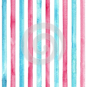 Watercolor teal blue pink stripes on white background. Colorful striped seamless pattern