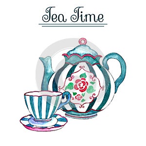 Watercolor teapot and cup. photo