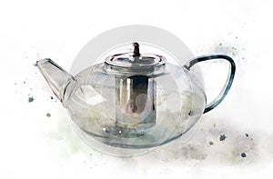 Watercolor teapot of transparent glass. Realistic painting with kitchen item isolated on white background. Light grey