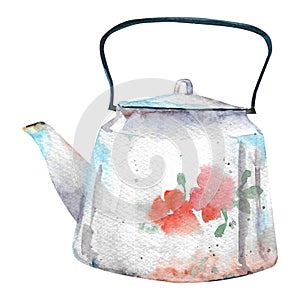 Watercolor teapot. White kettle for tea or coffee. Old kitchen utensils