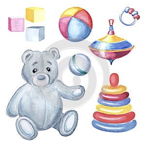 Watercolor teddy bear with baby toys colorful pyramid and spinning top Set of hand painted illustrations toy balls