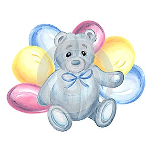 Watercolor Teddy Bear in blue bow with colorful balloons. Composition for decorating nursery Hand drawn illustration for