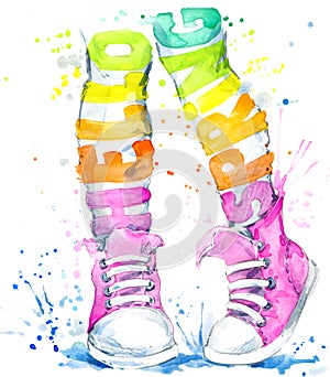 Watercolor Teenager girl in sneakers