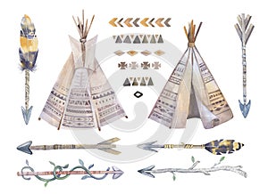 Watercolor teepee, arrows, fearhers and tomahawk. Boho america