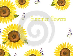 Watercolor template with sunflowers for invitations, fliers, cards