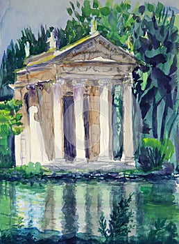 Watercolor of Temple of Aesculapius located in gardens of the Villa Borghese in Rome, Italy.
