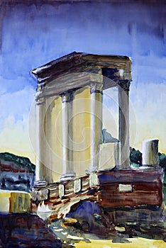 Watercolor of the Temple of Vesta in Rome, Italy.