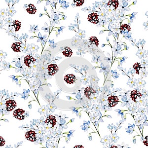 Watercolor tender floral seamless pattern with blue flowers and berries