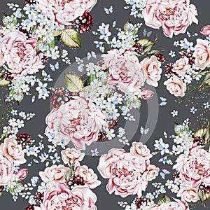 Watercolor tender floral seamless pattern with peony flowers and blue herbs, berries