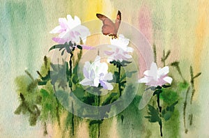 Watercolor tender flowers and butterfly