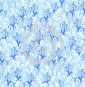 Watercolor textile seamless hand-drawn pattern, waves background, japanese wave circle backdrop, abstract seamless