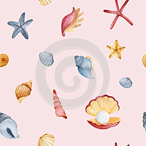 Watercolor texture with cute seashells and starfish.Seamless background