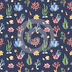 Watercolor texture with cute seaweeds,seashells and corals.Seamless background.