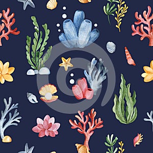Watercolor texture with cute seaweeds,seashells and corals.Seamless background.