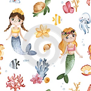Watercolor texture with cute underwater animals,mermaids,shells and corals.