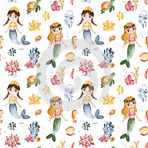 Watercolor texture with cute underwater animals,mermaids,shells and corals