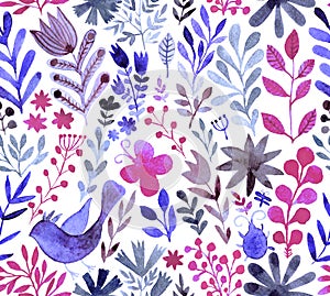Watercolor texture with flowers and plants.
