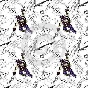 Watercolor texture seamless l pattern. Astronaut. Deep space.