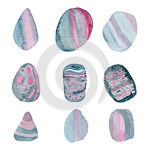 Watercolor texture stones isolated set of blue and pink