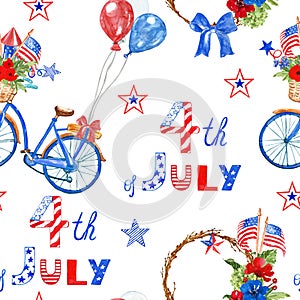 Watercolor 4th of july seamless pattern with red, white and blue symbols of american nation`s holiday