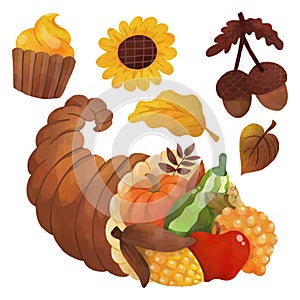 Watercolor Thanksgiving Elements with Cornucopia basket with fruit and vegetables illustration Vector