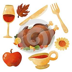 Watercolor Thanksgiving Elements with Dining Roasted turkey and Gravy illustration Vector