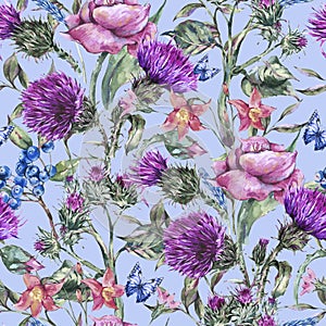 Watercolor thistle, poppy, blue butterflies, wild flowers seamless pattern, meadow herbs