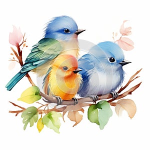 watercolor three birds on the nest on white background generative AI