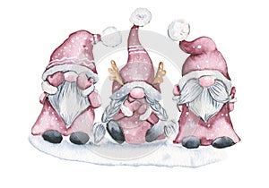 Watercolor three gnomes in Christmas. Watercolor hand drawn illustration. Winter holiday.See nothing, hear nothing, say nothing