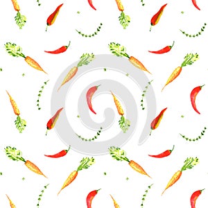 Watercolor thyme herb, carrot, chili pepper seamless pattern. Hand drawn mage for fabric, textile, fashion, packaging , wallpaper