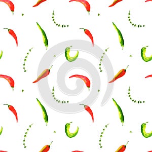 Watercolor thyme herbs and chili pepper seamless pattern. Hand drawn mage for fabric, textile, fashion, packaging , wallpaper prin