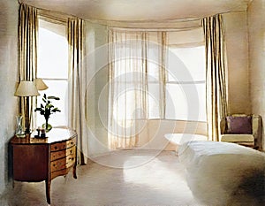 Watercolor of A tidy bedroom with a two lamps flanking and a large window adorned with